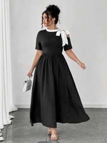 Elenzga Summer Open Shoulder Colorblock Tie-Bow Dress