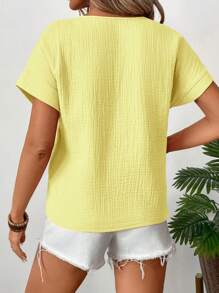 SHEIN LUNE Ladies' V-Neck Double Layer Cotton Wrinkled Fabric Short Sleeve Blouse - Yellow - View 2