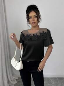 Elenzga Lace Patchwork Short Sleeve Dress, Fashionable For Summer