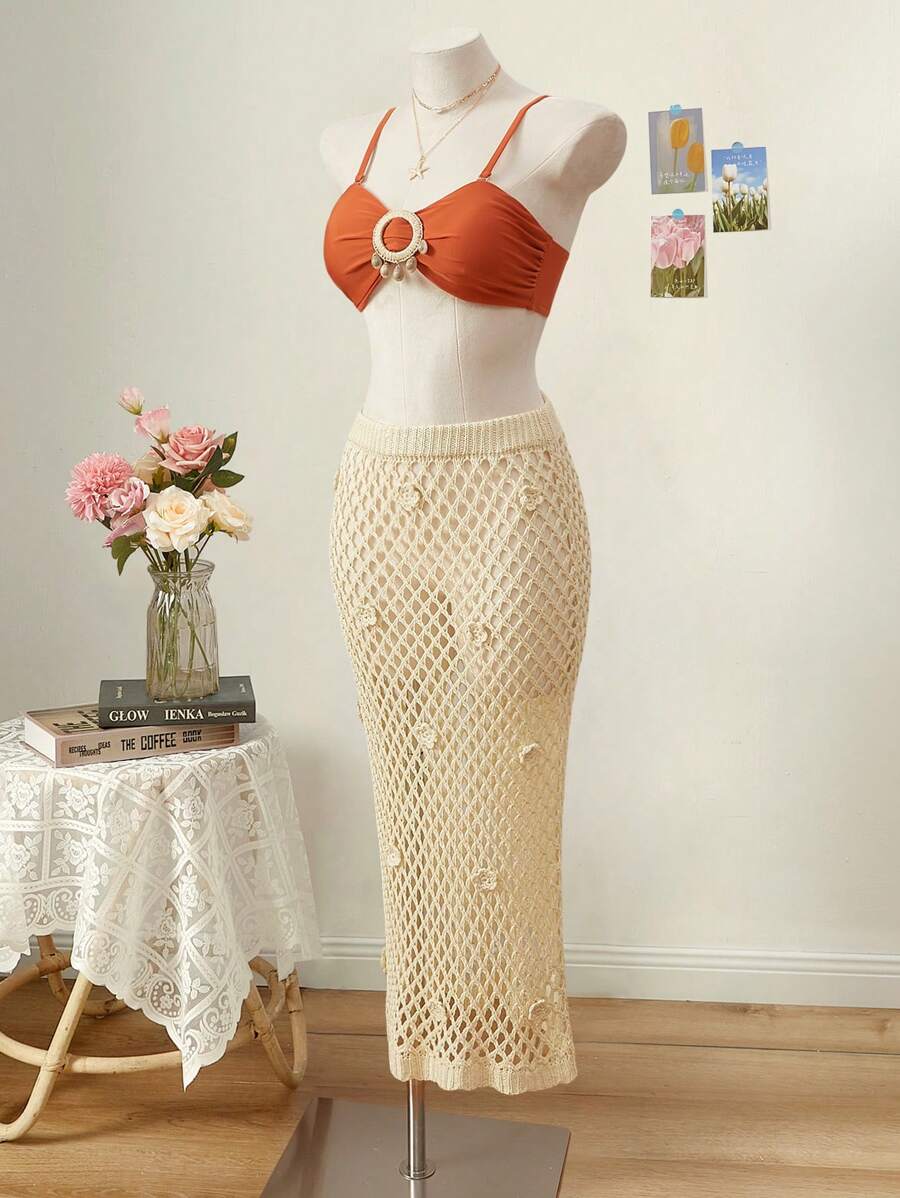 SHEIN MOD Floral Decor Hollow See-Through Knitted Cover Up And Mini Skirt Set For Women,Vacation Outfits Women - Apricot - View 1