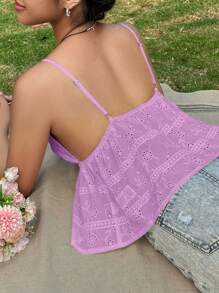 SHEIN Unity Solid Color Hollow-Out Embroidery Knotted Tank Top, Summer Casual - Mauve Purple - View 2