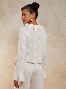 COSMINA Women's Elegant Vacation Transparent 3D Flower Tied Ruffle Hem Blouse, Spring/Summer - Apricot - View 2