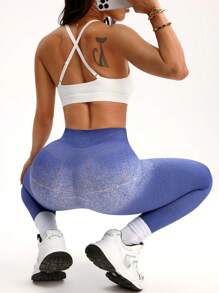 Easithlete 1 Piece + Regular Cropped Length Pants + Moisture Wicking Fabric/Denim Effect + Random Print/Basic Style/Denim Blue + Activewear Leggings + Seamless/Yoga - Multicolor - View 1