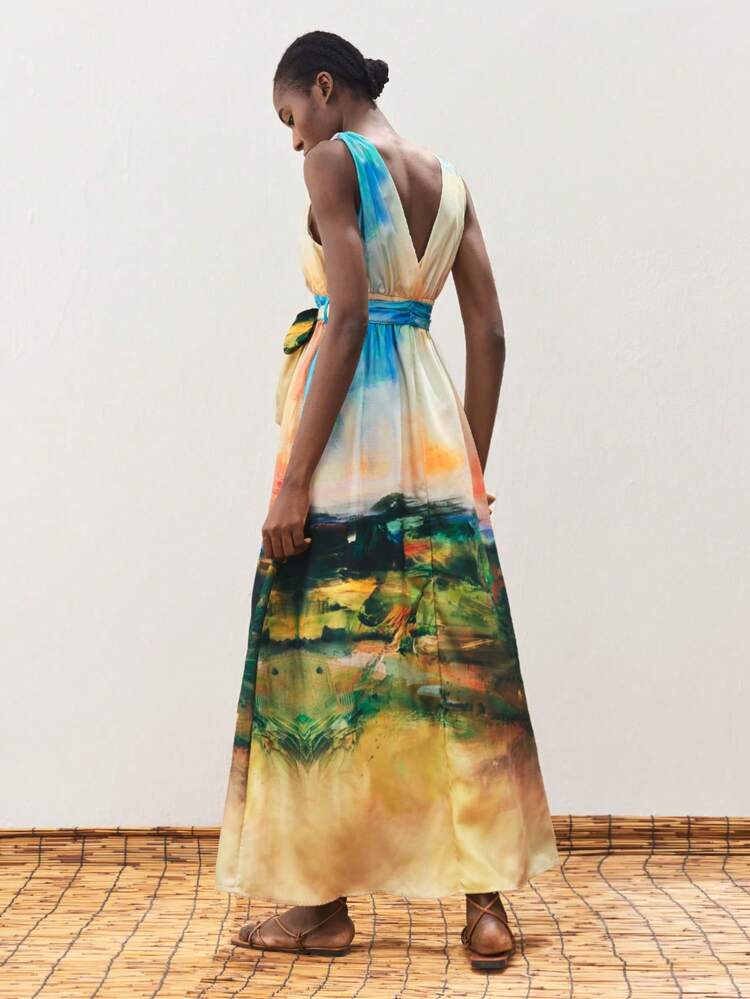 SHEIN Maija Women's Versatile Landscape Print V-Neck High Waist Casual Dress For Spring/Summer, Loose And Comfortable With Tie Waist, Bowknot Strap Decor, Ruched Skirt, Boho Style