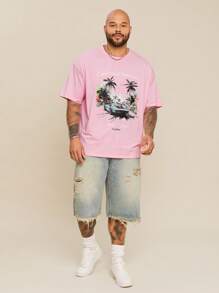 EASEVO Plus Size Men's Casual Knit Round Neck Short Sleeve Printed T-Shirt - Pink - View 1