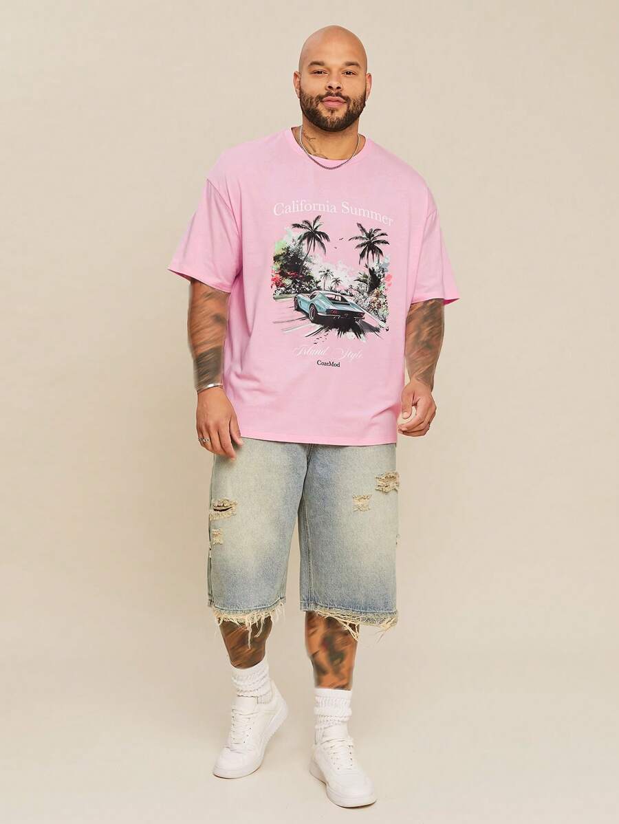 EASEVO Plus Size Men's Casual Knit Round Neck Short Sleeve Printed T-Shirt - Pink - View 1