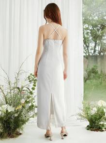 SHEIN LUNE Robe longue droite à encolure dégagée sans manches, taille cintrée avec couches, imprimé floral mélangé minimaliste avec glands. Convient pour les vacances et la plage. - Blanc - Voir 2