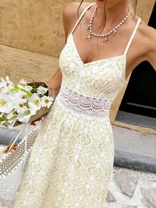 Vivid Eden Đầm hở lưng in họa tiết ren tương phản cho kỳ nghỉ của phụ nữ - Màu vàng - Xem 5