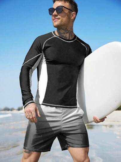 Manfinity Swimmode 2 件男士撞色长袖连体泳衣和渐变色泳裤套装，夏威夷风