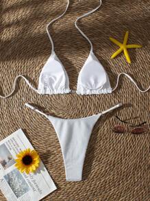 Swim Mod Women Summer Beach Halter Neck White Bikini Set - White - View 2