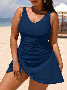 Swim Lushoire 1pc Plus Size One-Piece Swimsuit, Solid Color, Fashionable, Suitable For Summer - Teal Blue - View 5