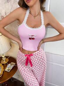 Top de pijama para mujer con estampado de cerezas y encaje en la unión halter