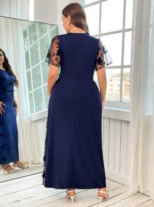 Reflora Gaun Patchwork Jala Dekorasi Bunga 3D Elegan Ukuran Plus, Pakaian Musim Panas untuk Wanita, Busana Musim Semi/Panas Wanita - Navy Blue - View 2