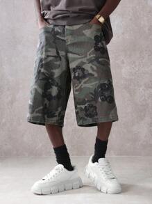 SUMWON 军装风工装牛仔短裤阔腿作战风格印花迷彩图案宽松齐膝长度夏季街头休闲短裤户外探险都市时尚 - 彩色 - 查看 4