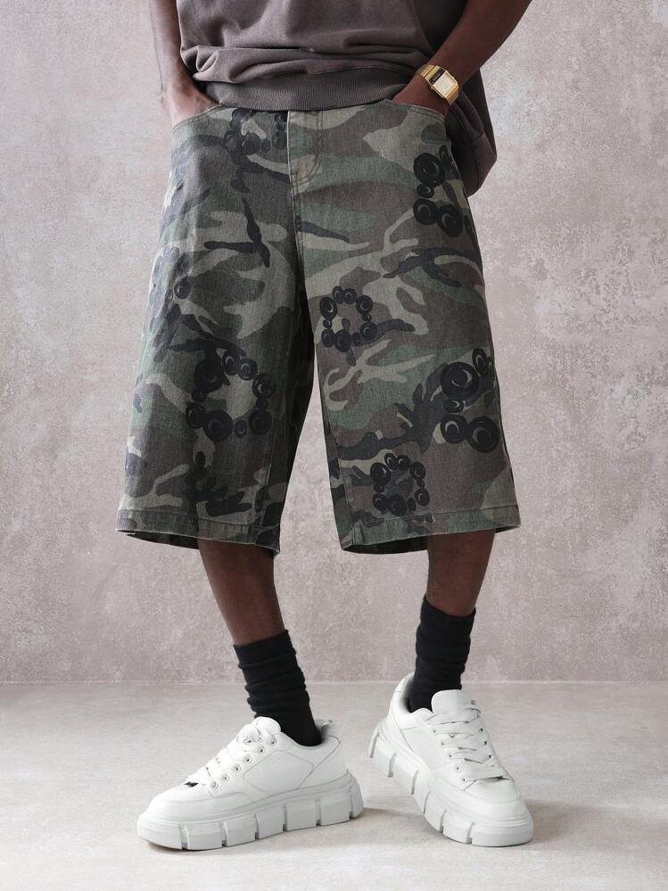 SUMWON Military-Inspired Cargo Denim Shorts Wide Leg Combat Style Printed Camouflage Pattern Relaxed Fit Knee Length Summer Streetwear Casual Shorts Outdoor Adventure Urban Fashion - Multicolor - View 4