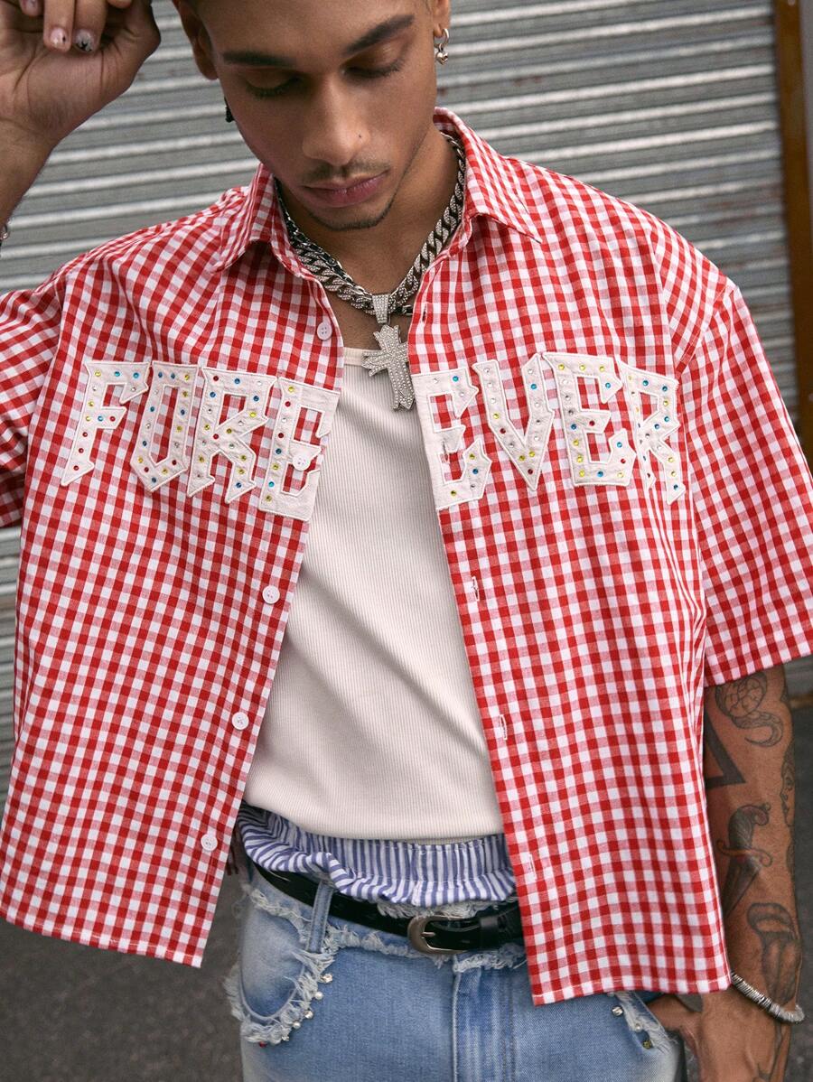 AXEPEAK Men's Loose Fit Rhinestone Print Polo Collar Short Sleeve Shirt, Streetwear Inspired - Multicolor - View 1