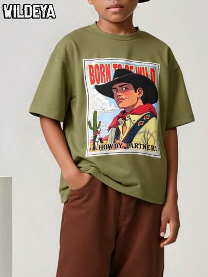 SHEIN Set de 2 piezas que incluye una camiseta con estampado de póster vintage y pantalones casuales de color marrón, un conjunto cómodo para niños preadolescentes, adecuado para el uso diario, actividades al aire libre y reuniones familiares