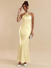 SHEIN BAE Green Sexy Spaghetti Strap Sleeveless Floral Decor Extra Long Satin Mermaid Dress, Perfect For Bridesmaid, Satin Dress, Sexy Dress Party Dresses For Women Butter Yellow Dress,Valentine's Day,Valentine Outfits For Women - Yellow - View 9