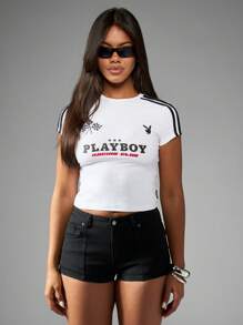 Missguided x Playboy Racing Club Baby Tee Motorsport Fitted Crop Top Street Style Urban Y2K Club Track Racing Sport Aesthetic Summer Festival Short Sleeve Retro Car Racing - White - View 7