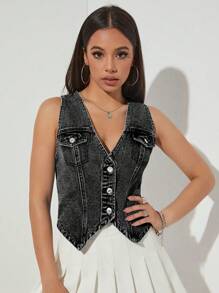 SHEIN V-Neck Button Up Washed Denim Vest - Black - View 1