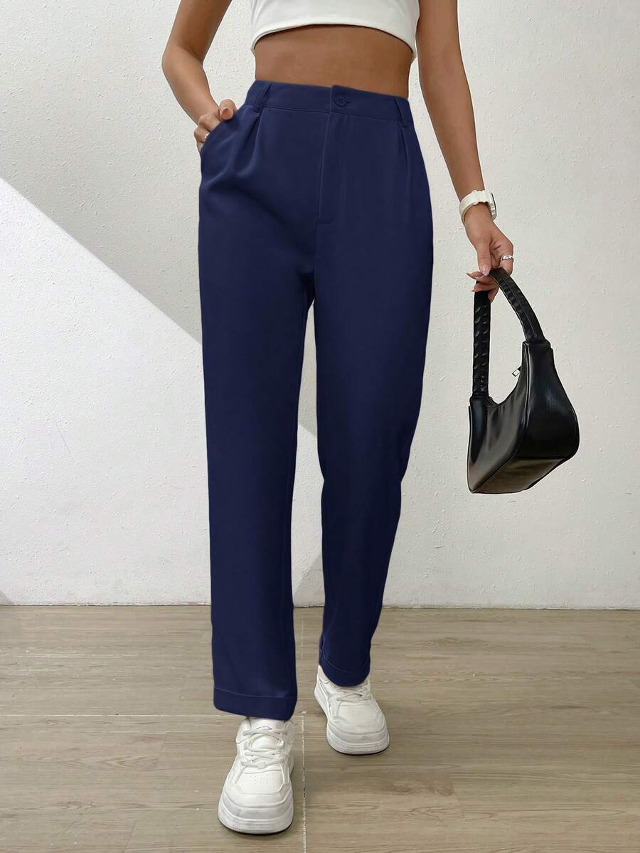 SHEIN Essnce Women's Casual Solid Color Cone Pants, Suitable For Outdoor,Fall - Navy Blue - View 1