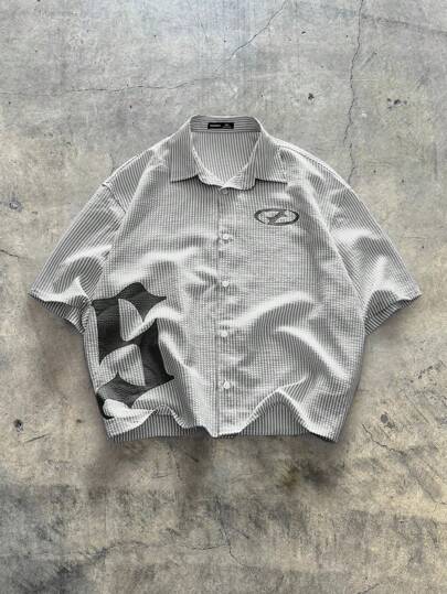 AXEPEAK Men's Striped Print Front Button Summer Casual Short Sleeve Shirt, Streetwear Inspired