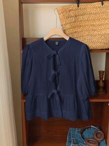Comfortcana Camisa casual de verano para mujer de tela de lino arrugada con cuello redondo, mangas abullonadas y cintura con lazo