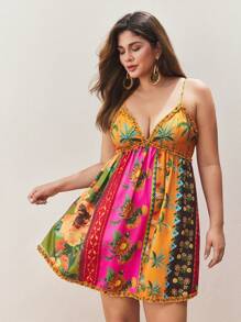 Maija Plus Size Women's Pink Floral Tropical Print V-Neck Adjustable Strap Summer Boho Vacation Holiday Dress,Elegant Bohemian Beach Ruffles A-Line Outfits - Multicolor - View 1