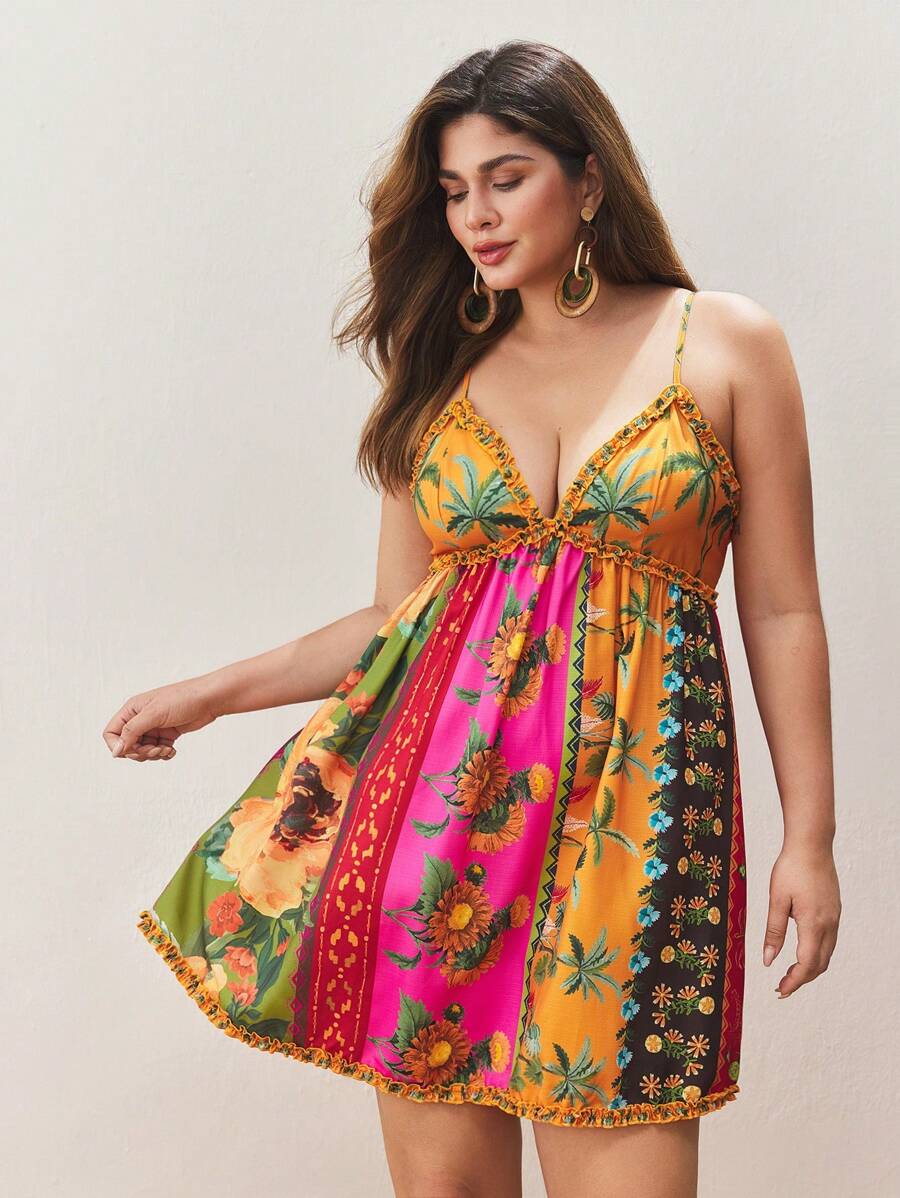 Maija Plus Size Women's Pink Floral Tropical Print V-Neck Adjustable Strap Summer Boho Vacation Holiday Dress,Elegant Bohemian Beach Ruffles A-Line Outfits - Multicolor - View 1
