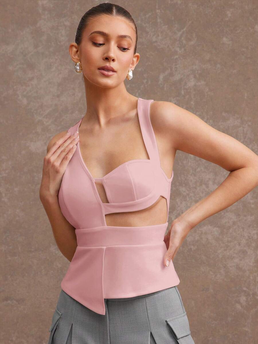 L'Amorae Elegant Asymmetrical Cut Out Spring Top - Pink - View 1