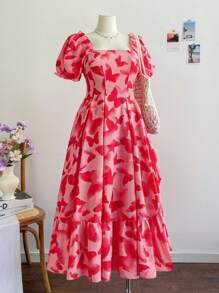 Dreamara 大码女式夏季泡泡袖蝴蝶印花腰部喇叭形A字侧开叉长裙 - 彩色 - 查看 6