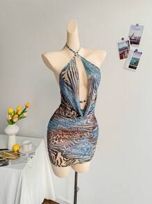 Soleia 休闲度假西部海滩婚礼宾客服装、毕业典礼、早午餐、圣帕特里克节春假、复活节、音乐节优雅波西米亚热带性感深垂领豹纹迷你连衣裙，春夏 - 綠色 - 查看 3