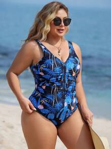 SHEIN Swim Curve 大码女式连体印花拉链粗肩带度假泳衣