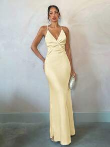 SHEIN BAE Váy Maxi Maxi hở lưng gợi cảm màu mơ trơn thanh lịch cho kỳ nghỉ bên bờ biển mùa hè, thích hợp cho hẹn hò hàng ngày, đi chơi đêm, hộp đêm, tiệc tùng, dạ hội, tiệc cocktail, tiệc hồ bơi, váy ngày lễ - Màu vàng - Xem 4