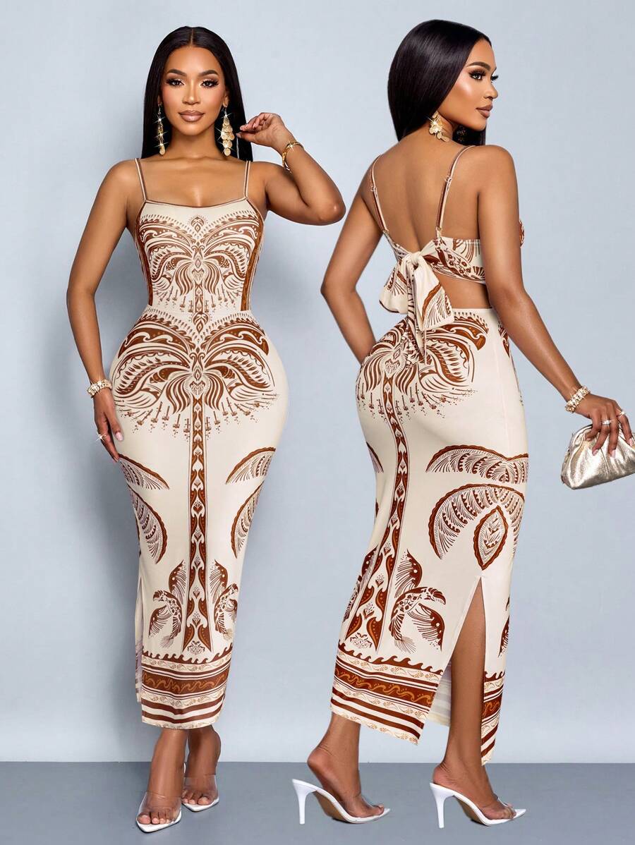 SOLERSUN 优雅性感通勤休闲假日长裙，花卉波西米亚风格女式吊带裙，修身贴臀 - 杏色 - 查看 1