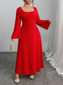 Elenzga Vestito lungo elegante da donna con maniche lunghe, scollo a U, decorato con perline, adatto a taglie forti