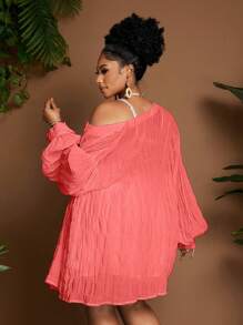 Maweii 2pcs Set Plus Size Elegant Casual Holiday Ruched Lantern Sleeve Top Fall Cloth For Women - Watermelon Pink - View 6