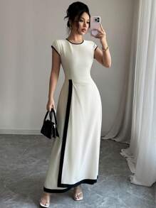 SHEIN Unity Vestido midi de talla grande para mujer con cuello redondo, manga corta, línea A, de color liso y detalle de ribete en contraste, para primavera/verano, con estilo elegante minimalista francés, para oficina, negocios, casual y tarde de té - Albaricoque - Ver 3