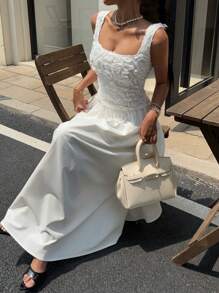 Siren Gaze Summer New Solid Color Three-Dimensional Flower Elegant Wedding Season Long Dress For Women, Graduation Season Dress, Elegant Dress, White Dresses Classy Elegant, White Graduation Dress, Concert Outfits For Women,Graduation Dresses