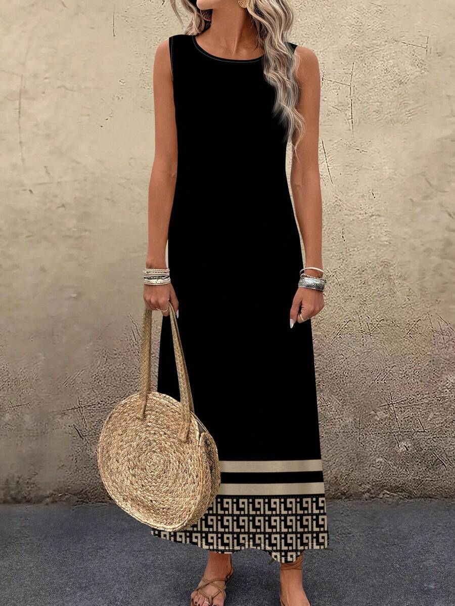 EMERY ROSE Plus Size Women Vintage Pattern Print Round Neck Casual Tank Dress, Summer Dresses For Women,Sundress Chic Dress