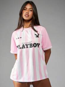 Missguided x Playboy تي شيرت رياضي بشعار طباعي كبير الحجم