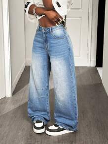 Slaydiva Women's Ombre Pocket Design Loose Fit Wide Leg Casual Jeans - Blue - View 5