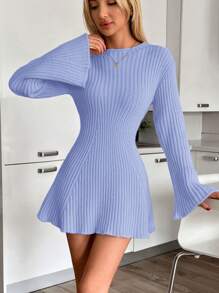 EURMUSE Autumn/Winter Ribbed Bell Sleeve Mini Knit Sweater Dress - Baby Blue - View 5