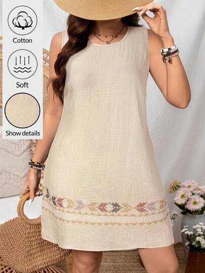 SHEIN LUNE Vestido Casual com Decote Redondo, Sem Mangas, com Bordado Decorativo, Plus Size, Ideal para Férias