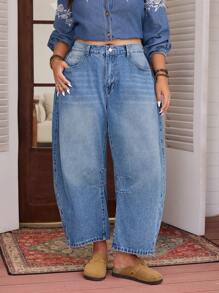 EMERY ROSE 大码女式休闲无弹力美式街头风牛仔裤，四季皆宜 - 藍色 - 查看 1