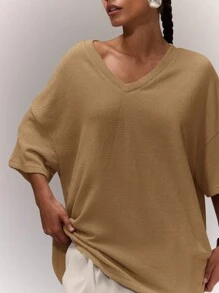 MUSERA V Neck Oversized Top Airport Holiday Back To School Fall Autumn - Khaki - View 5
