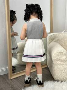 SHEIN Cute Baby Girl Print Tank Top And Elastic Waist Pleated Skirt Set, Summer - Grey - View 2