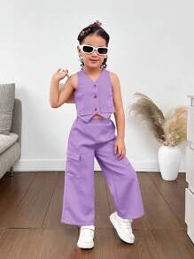 SHEIN 少女休闲春夏平纹梭织无袖背心和裤子套装 - 紫色 - 查看 6