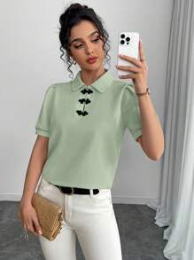 Chiquease Vintage Chinese Style Button Decor Short Sleeve Shirt - Green - View 8
