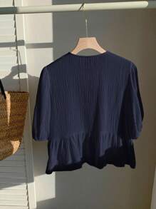 Comfortcana Camisa casual de verano para mujer de tela de lino arrugada con cuello redondo, mangas abullonadas y cintura con lazo